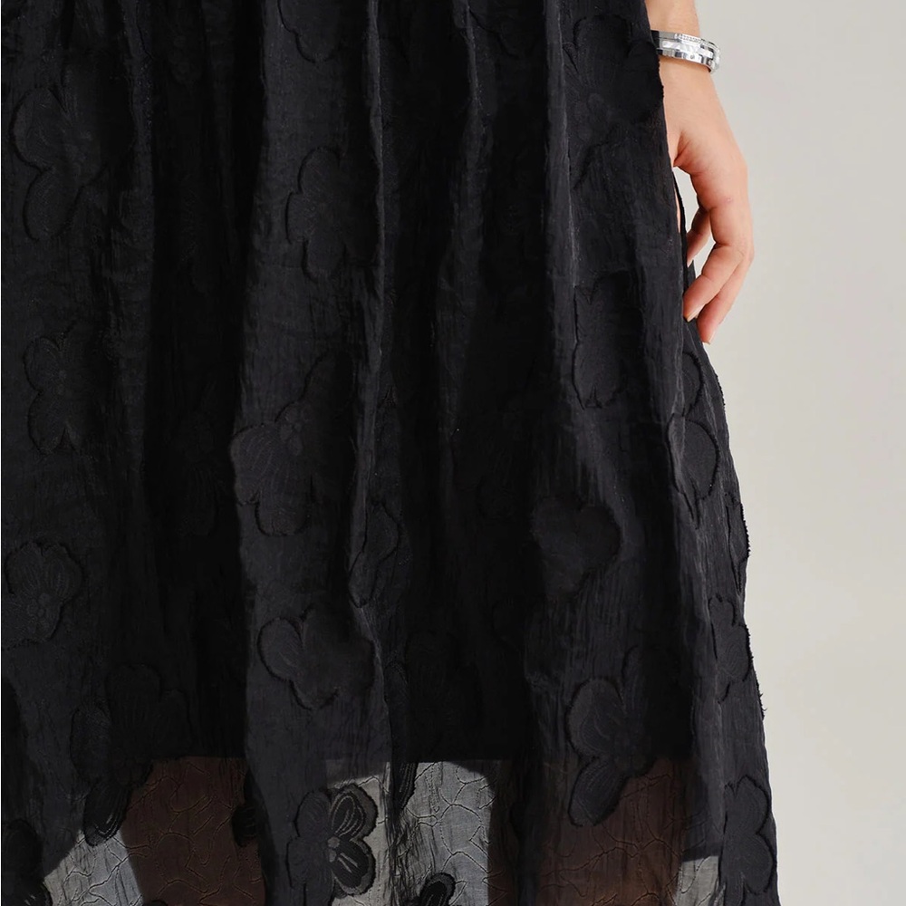 Black Square Neck Puffed Sleeve Midi Dress - Picture 3 of 8